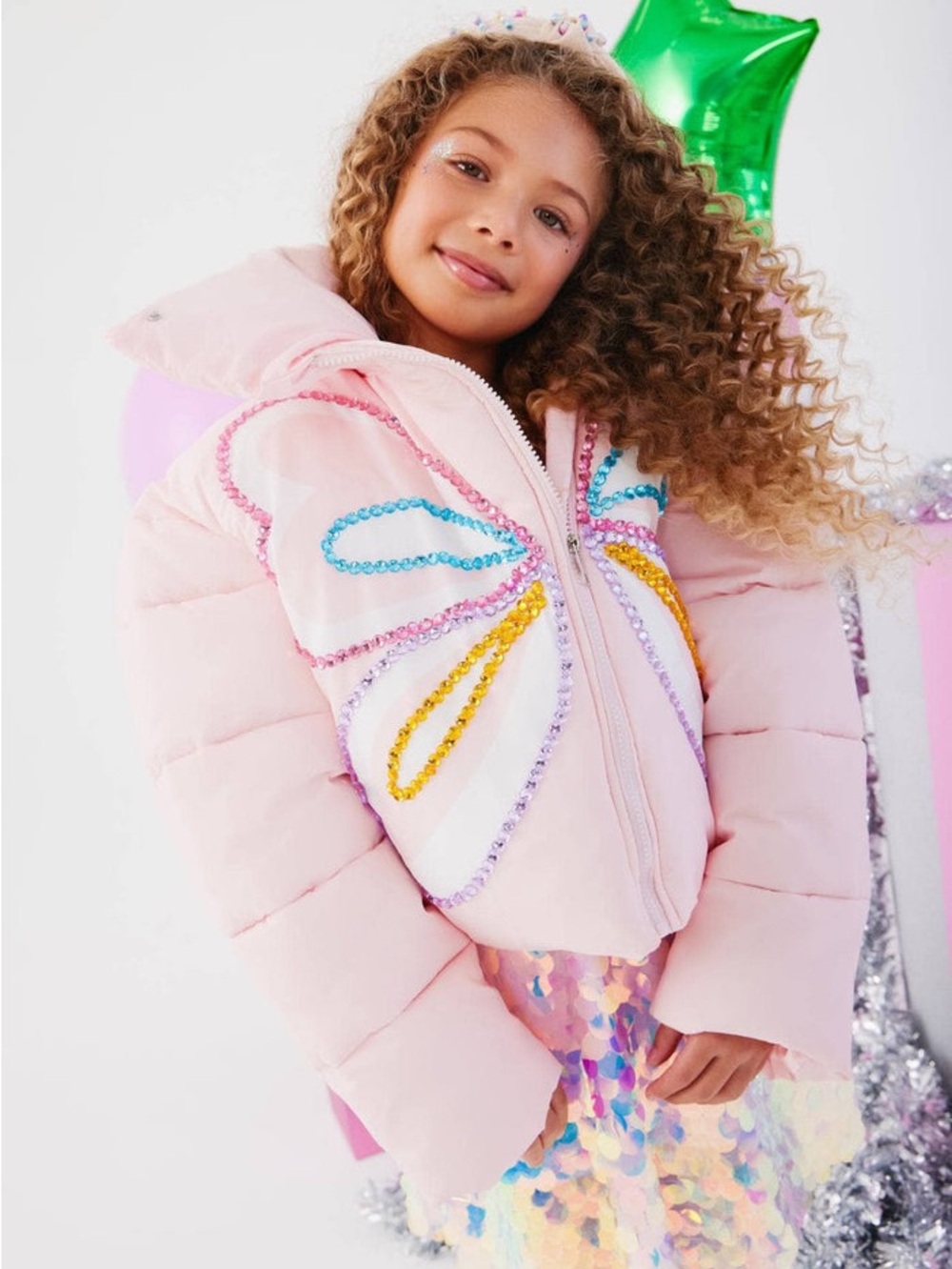 Lola + The Boys Pastel Pink Butterfly magic Sequin Puffer Jacket - Picture 2 of 9